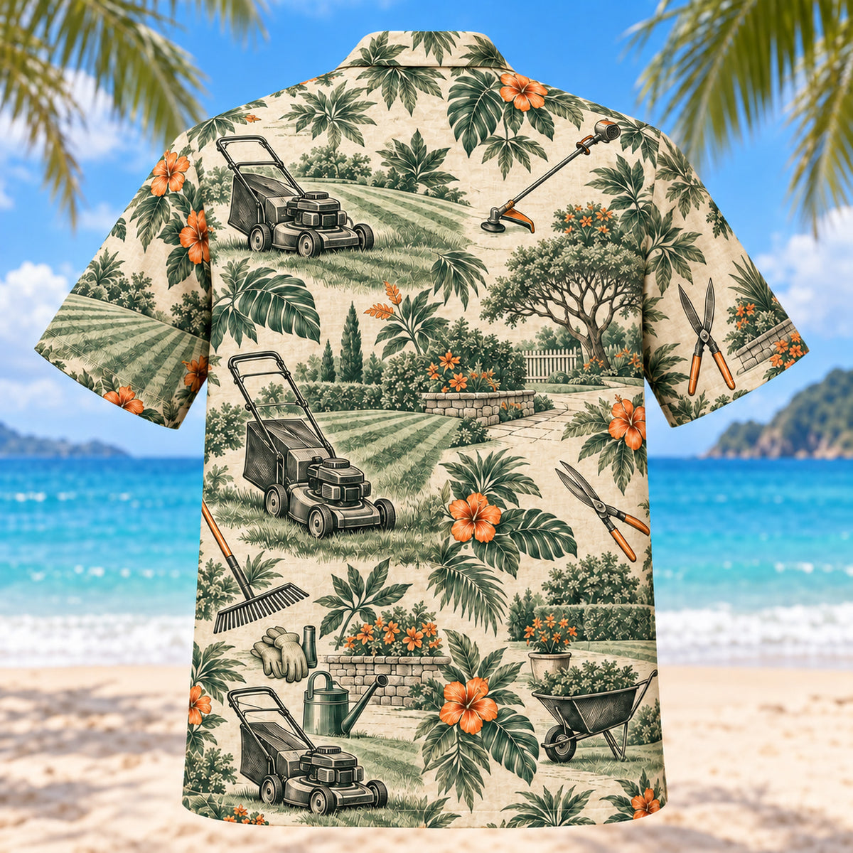 Back view of Heritage Trails Landscaper Hawaiian Shirt with matching landscaper artwork in forest green, warm ivory, muted orange