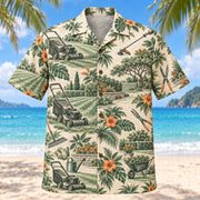 Front view of Heritage Trails Landscaper Hawaiian Shirt with vintage-inspired engraved generic lawn mowers, freshly cut turf stripes, trimming tools and original garden scenes with subtle botanical shadows