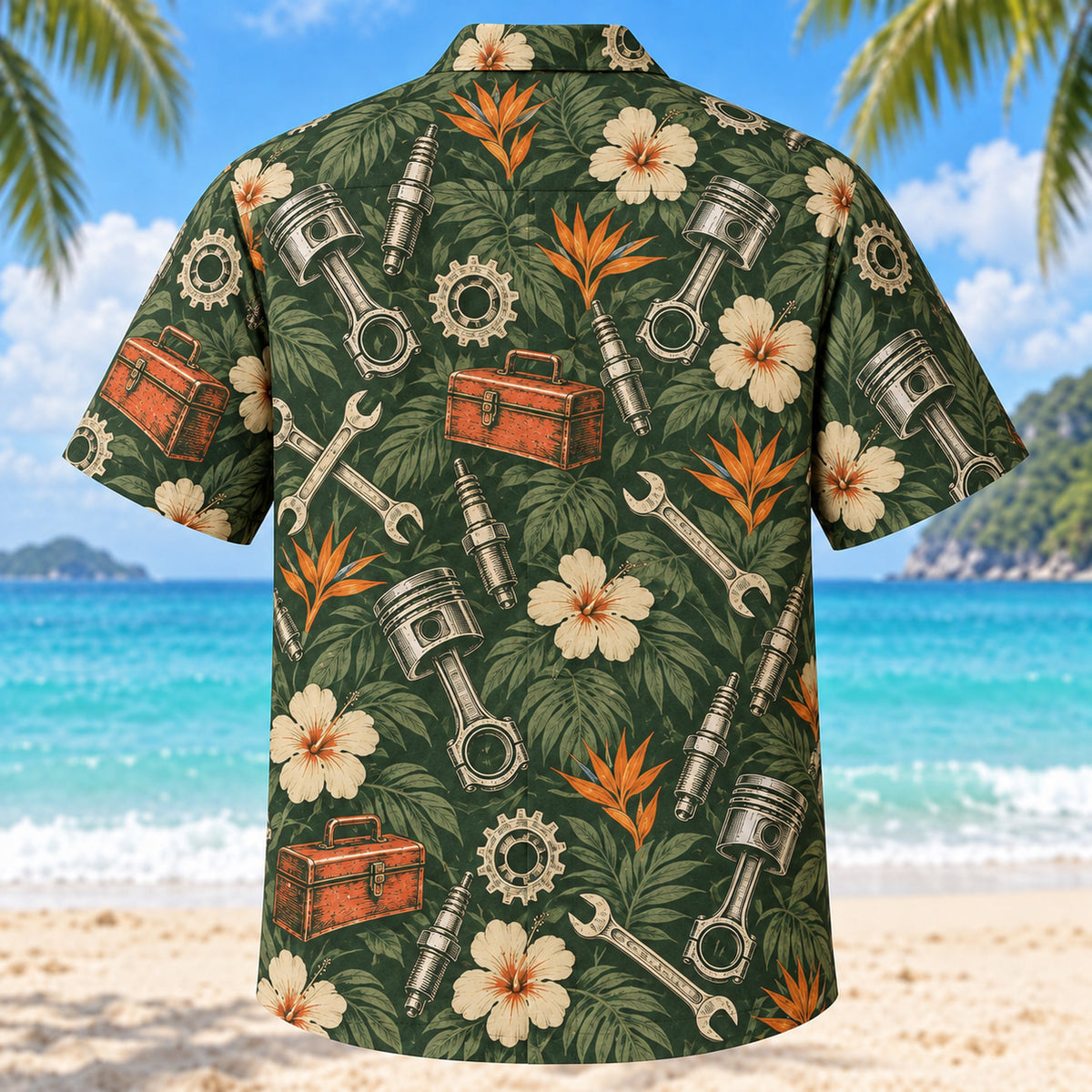 Back view of Heritage Trails Mechanic Hawaiian Shirt with matching mechanic artwork in forest green, warm ivory, muted orange