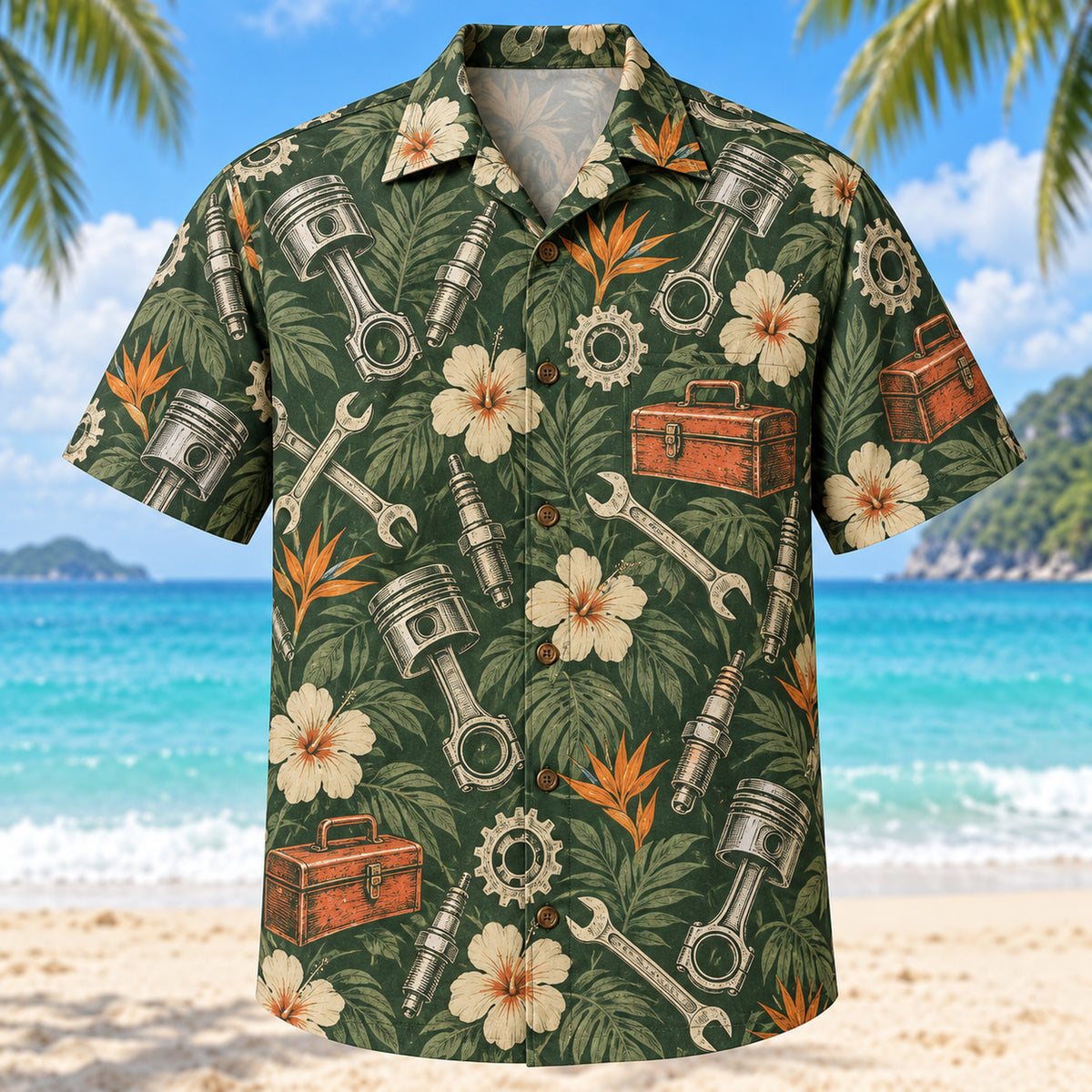 Front view of Heritage Trails Mechanic Hawaiian Shirt with vintage-inspired engraved generic pistons, spark plugs, wrenches, toolboxes and gears with subtle botanical shadows