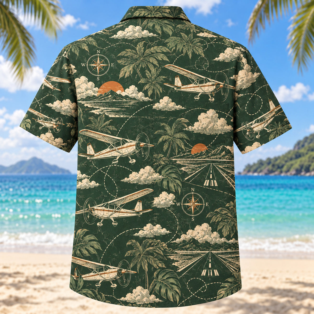 Back view of Heritage Trails Pilot and Aviation Hawaiian Shirt with matching pilot and aviation artwork in forest green, warm ivory, muted orange