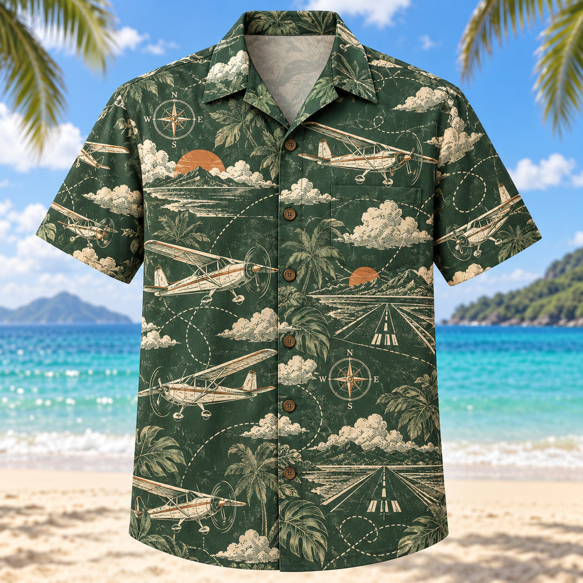 Front view of Heritage Trails Pilot and Aviation Hawaiian Shirt with vintage-inspired engraved unbranded civilian propeller planes, imaginary flight paths, clouds, compasses and runways with subtle botanical shadows