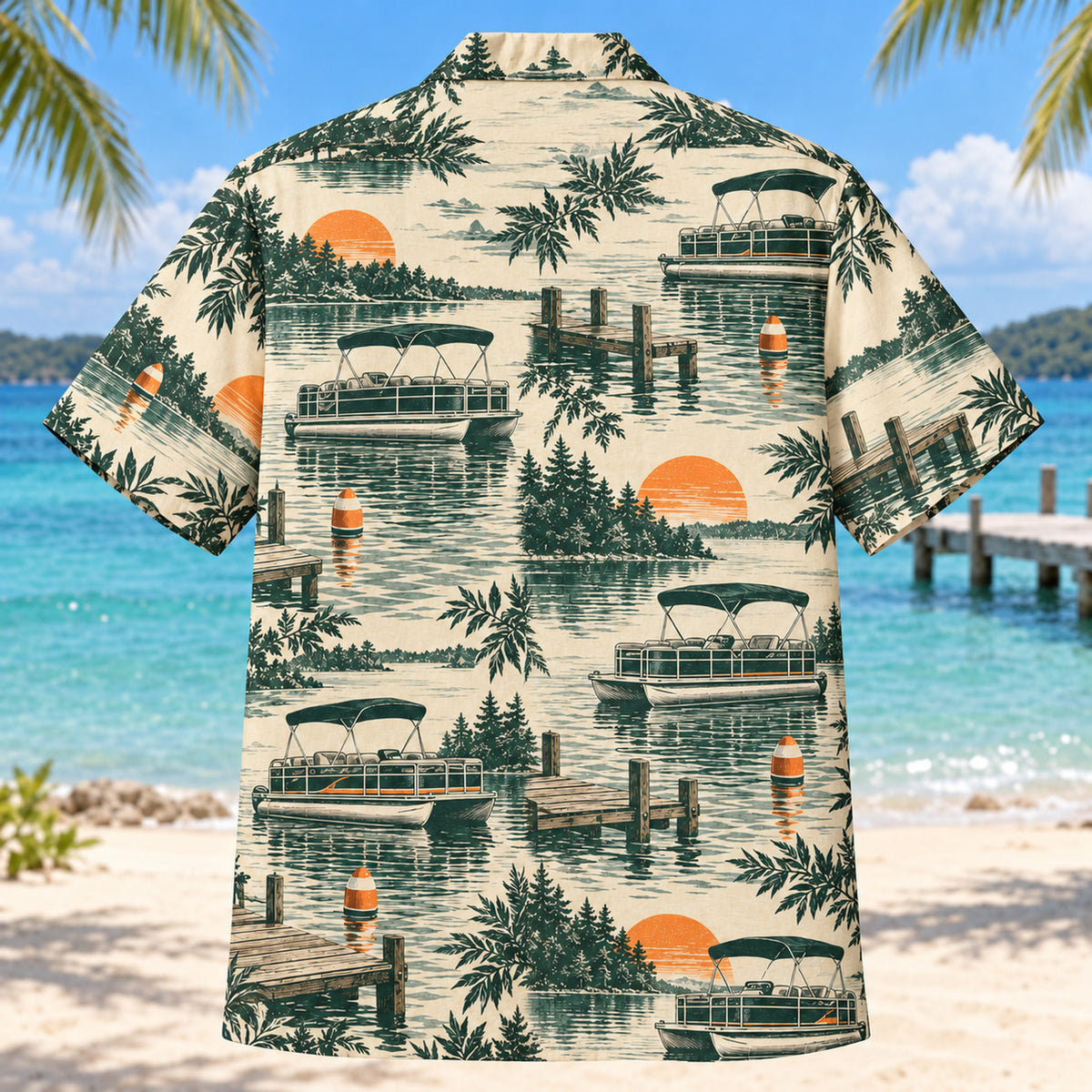 Back view of Heritage Trails Pontoon Boating Hawaiian Shirt with matching pontoon boating artwork in forest green, warm ivory, muted orange