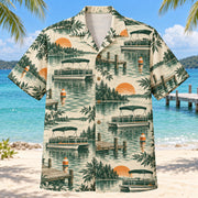 Front view of Heritage Trails Pontoon Boating Hawaiian Shirt with vintage-inspired engraved generic pontoon boats, lake docks, buoys and calm-water ripples with subtle botanical shadows