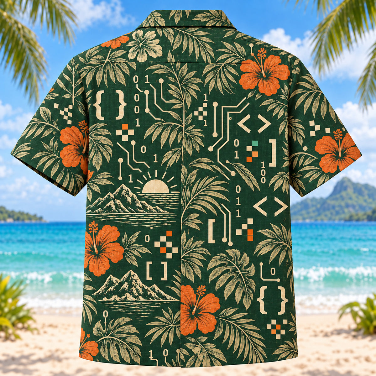 Back view of Heritage Trails Programmer Hawaiian Shirt with matching programmer artwork in forest green, warm ivory, muted orange
