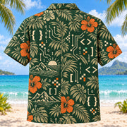 Back view of Heritage Trails Programmer Hawaiian Shirt with matching programmer artwork in forest green, warm ivory, muted orange
