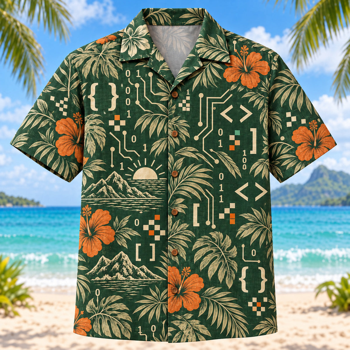 Front view of Heritage Trails Programmer Hawaiian Shirt with vintage-inspired engraved original brackets, readable self-written pseudocode, binary patterns, pixels and invented debugging symbols with subtle botanical shadows