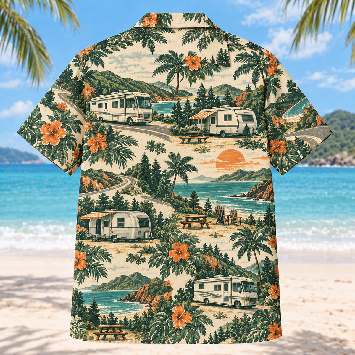 Back view of Heritage Trails RV and Travel Trailer Hawaiian Shirt with matching rv and travel trailer artwork in forest green, warm ivory, muted orange