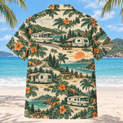 Back view of Heritage Trails RV and Travel Trailer Hawaiian Shirt with matching rv and travel trailer artwork in forest green, warm ivory, muted orange