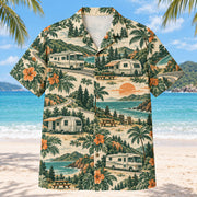 Front view of Heritage Trails RV and Travel Trailer Hawaiian Shirt with vintage-inspired engraved imaginary RVs and travel trailers, open roads, hills and picnic furniture with subtle botanical shadows