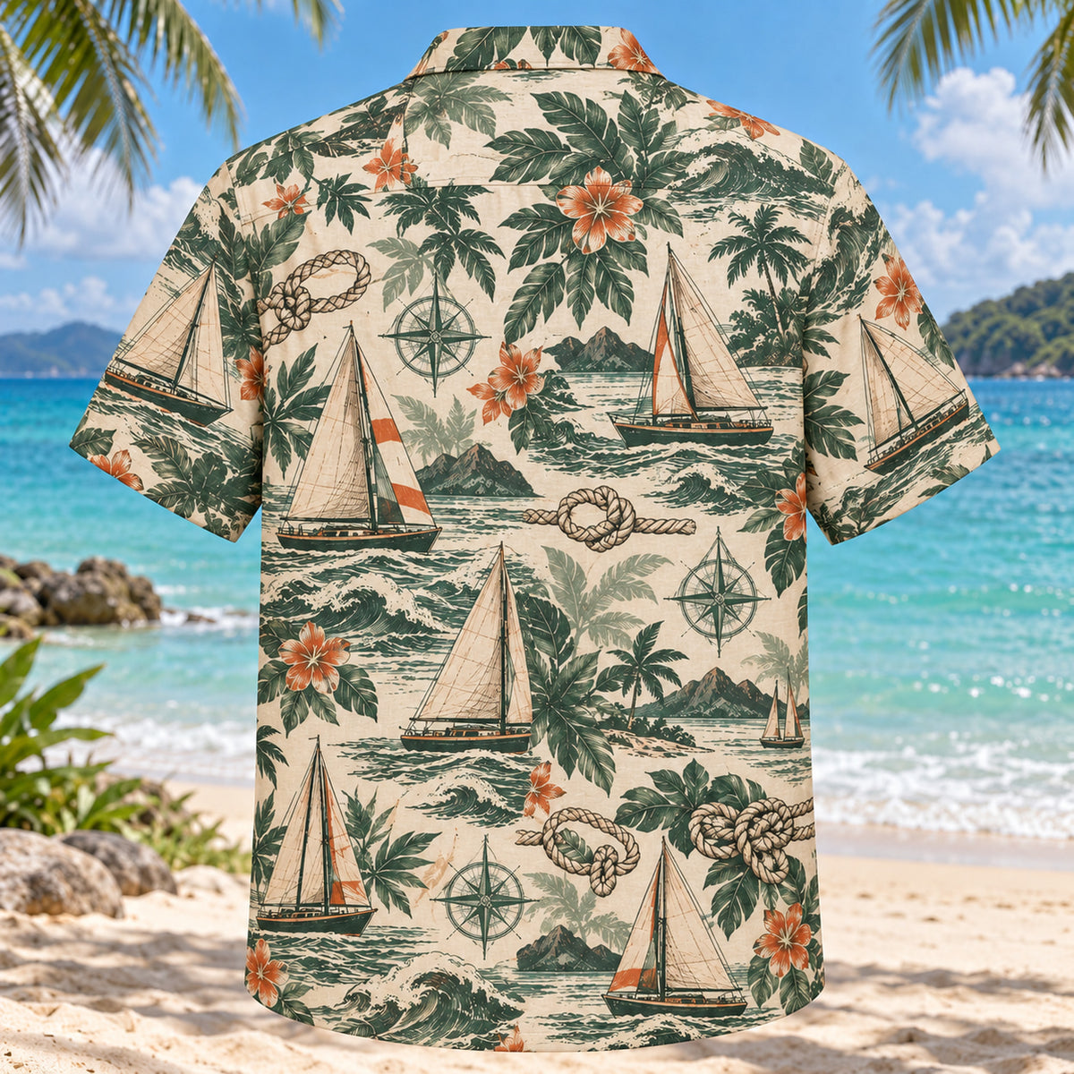 Back view of Heritage Trails Sailing Hawaiian Shirt with matching sailing artwork in forest green, warm ivory, muted orange