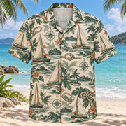 Front view of Heritage Trails Sailing Hawaiian Shirt with vintage-inspired engraved imaginary sailboats, knots, compasses and wave forms with subtle botanical shadows