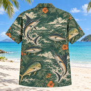 Back view of Heritage Trails Saltwater Fishing Hawaiian Shirt with matching saltwater fishing artwork in forest green, warm ivory, muted orange