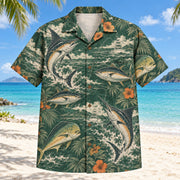 Front view of Heritage Trails Saltwater Fishing Hawaiian Shirt with vintage-inspired engraved original marlin, tuna and mahi-mahi silhouettes, fishing lines and imaginary offshore boats with subtle botanical shadows