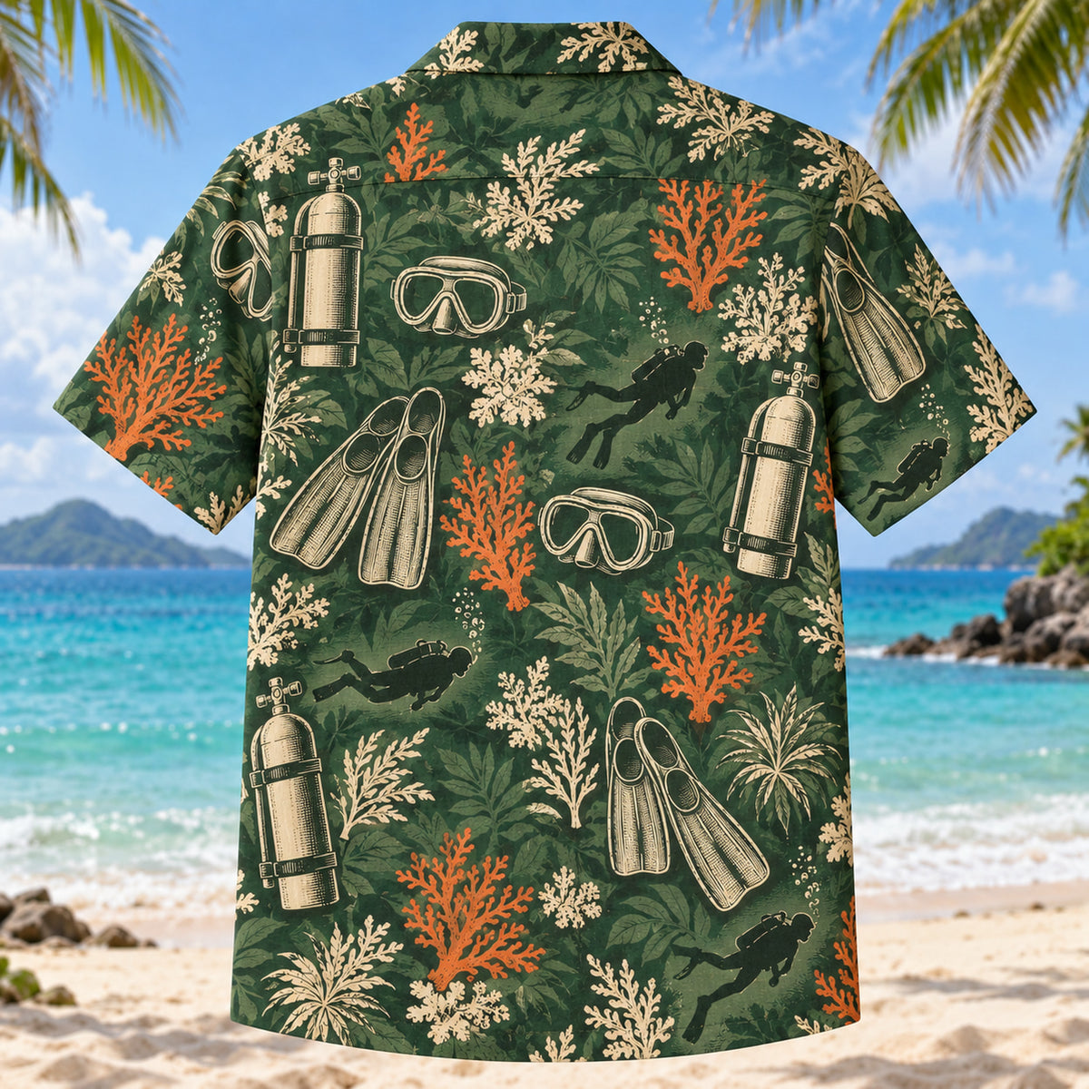 Back view of Heritage Trails Scuba Diving Hawaiian Shirt with matching scuba diving artwork in forest green, warm ivory, muted orange