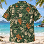 Back view of Heritage Trails Scuba Diving Hawaiian Shirt with matching scuba diving artwork in forest green, warm ivory, muted orange