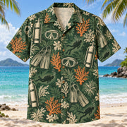 Front view of Heritage Trails Scuba Diving Hawaiian Shirt with vintage-inspired engraved generic masks, fins, air tanks, small diver silhouettes and original coral forms with subtle botanical shadows