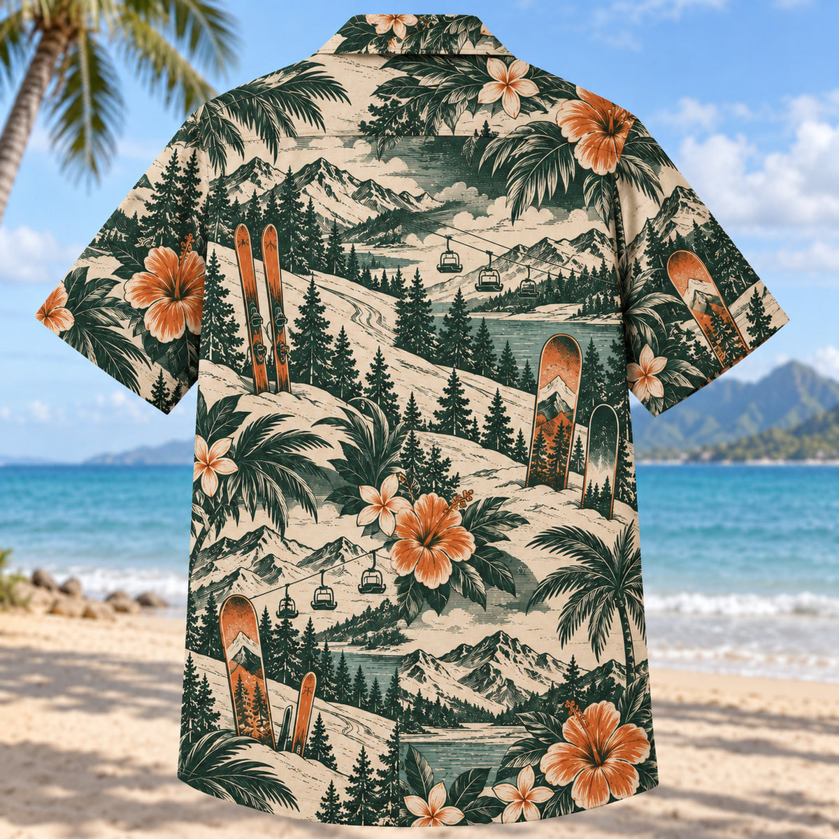 Back view of Heritage Trails Ski and Snowboard Hawaiian Shirt with matching ski and snowboard artwork in forest green, warm ivory, muted orange