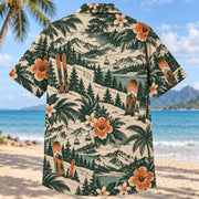 Back view of Heritage Trails Ski and Snowboard Hawaiian Shirt with matching ski and snowboard artwork in forest green, warm ivory, muted orange