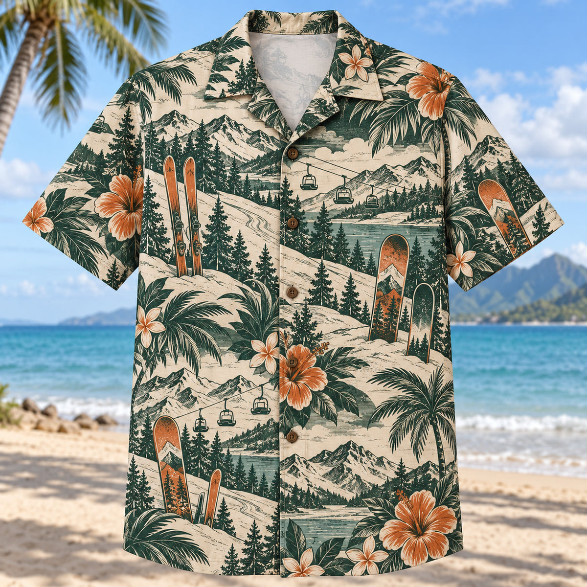 Front view of Heritage Trails Ski and Snowboard Hawaiian Shirt with vintage-inspired engraved plain skis, unbranded snowboards, chairlifts and snow peaks with subtle botanical shadows