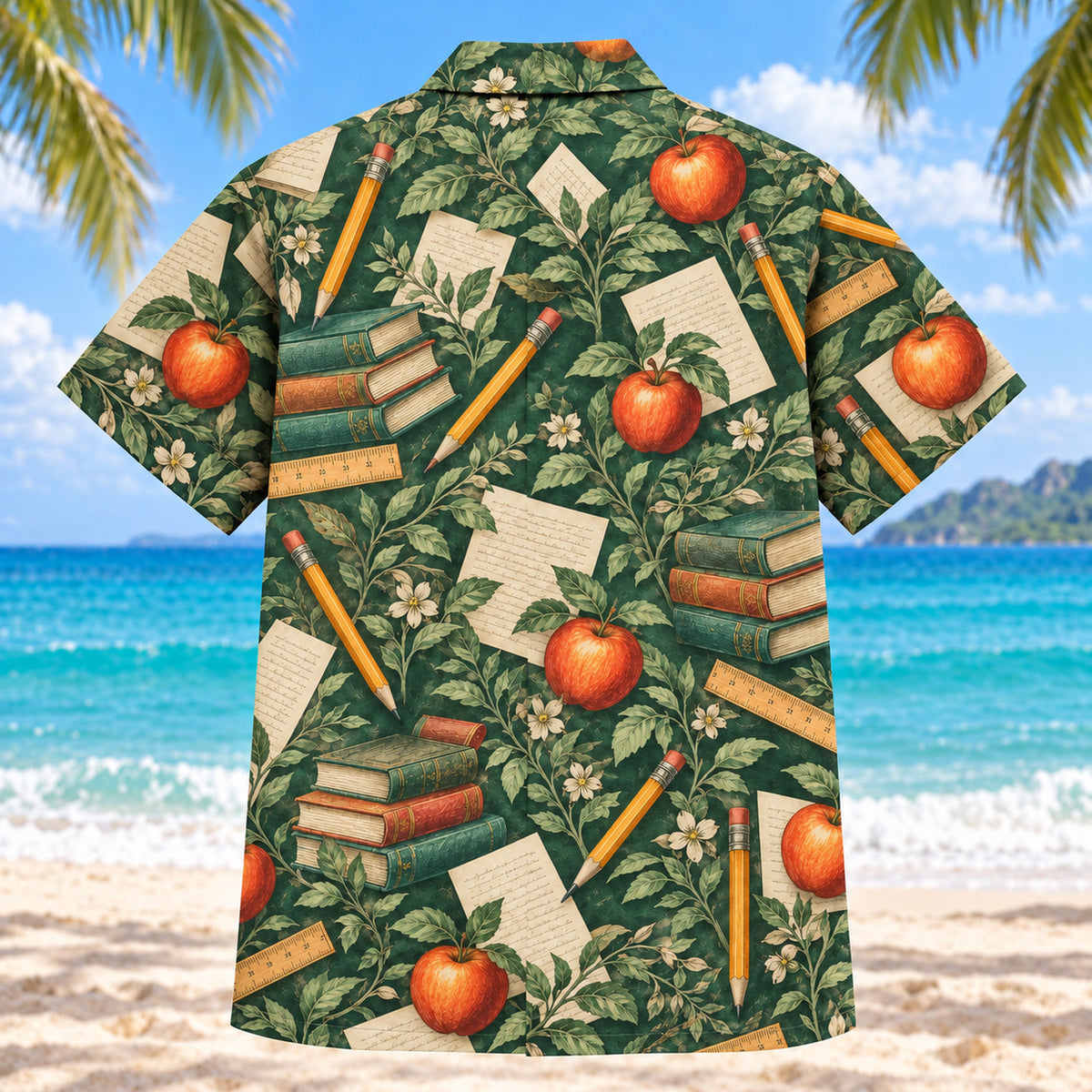 Back view of Heritage Trails Teacher Hawaiian Shirt with matching teacher artwork in forest green, warm ivory, muted orange