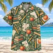 Front view of Heritage Trails Teacher Hawaiian Shirt with vintage-inspired engraved original pencils, apples, rulers, books and sheets of paper with subtle botanical shadows