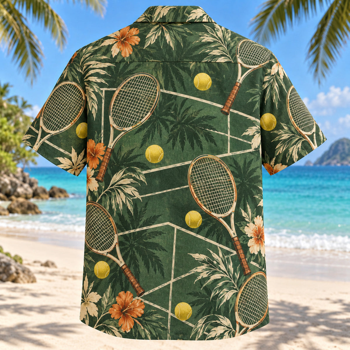 Back view of Heritage Trails Tennis Hawaiian Shirt with matching tennis artwork in forest green, warm ivory, muted orange