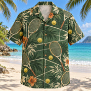 Front view of Heritage Trails Tennis Hawaiian Shirt with vintage-inspired engraved unbranded tennis rackets, fuzzy yellow balls and tennis court linework with subtle botanical shadows