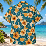 Back view of Hexagon Hibiscus Mathematics Hawaiian Shirt with matching artwork in amber, teal, cream