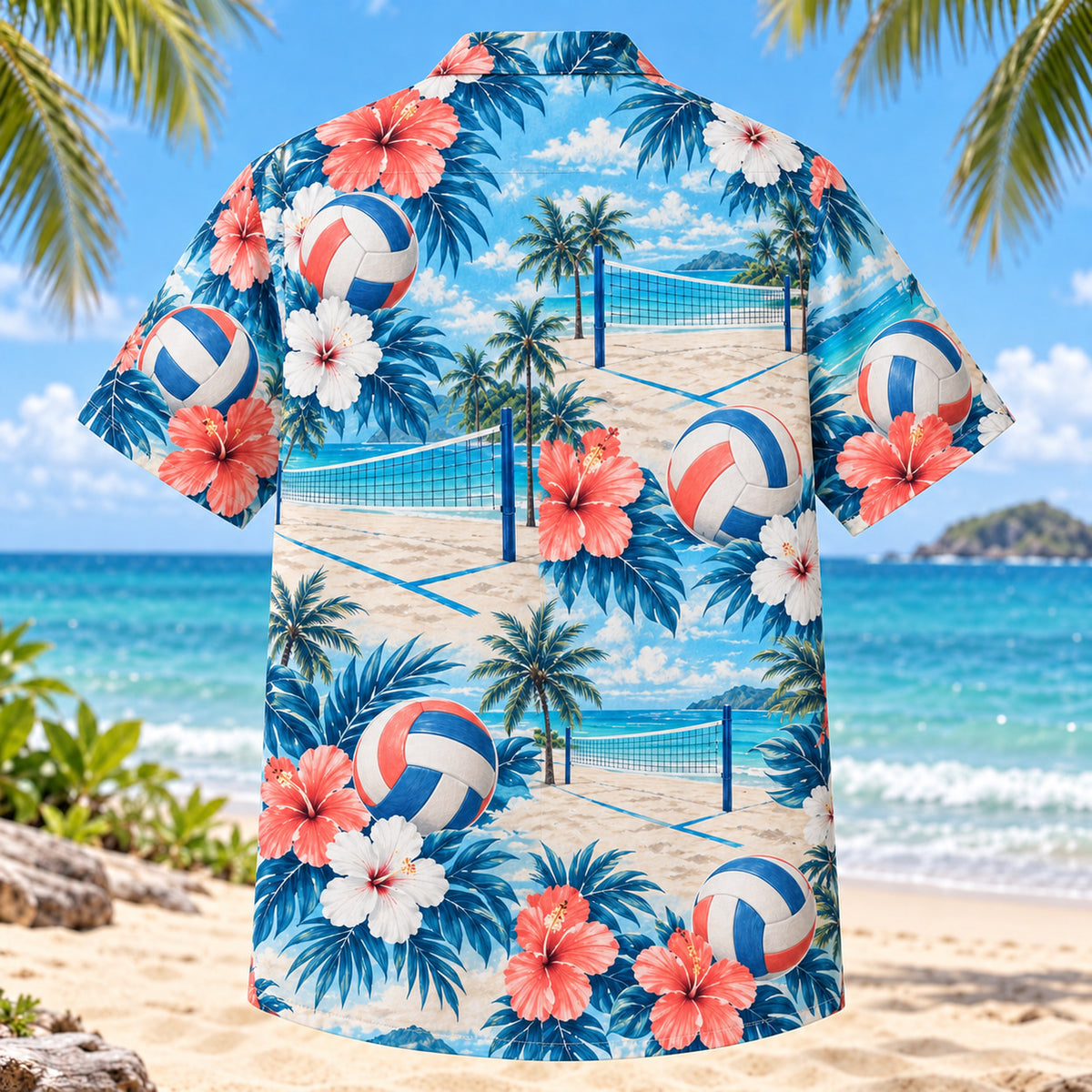 Back view of Hibiscus Beach Volleyball Hawaiian Shirt with matching beach volleyball artwork in aqua blue, white, coral, navy