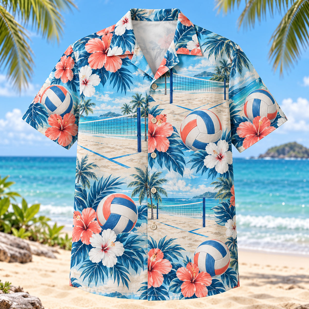 Front view of Hibiscus Beach Volleyball Hawaiian Shirt with original hibiscus blooms framing generic paneled volleyballs, beach volleyball nets and sand-court lines