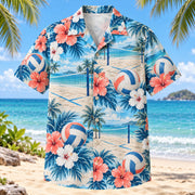 Front view of Hibiscus Beach Volleyball Hawaiian Shirt with original hibiscus blooms framing generic paneled volleyballs, beach volleyball nets and sand-court lines