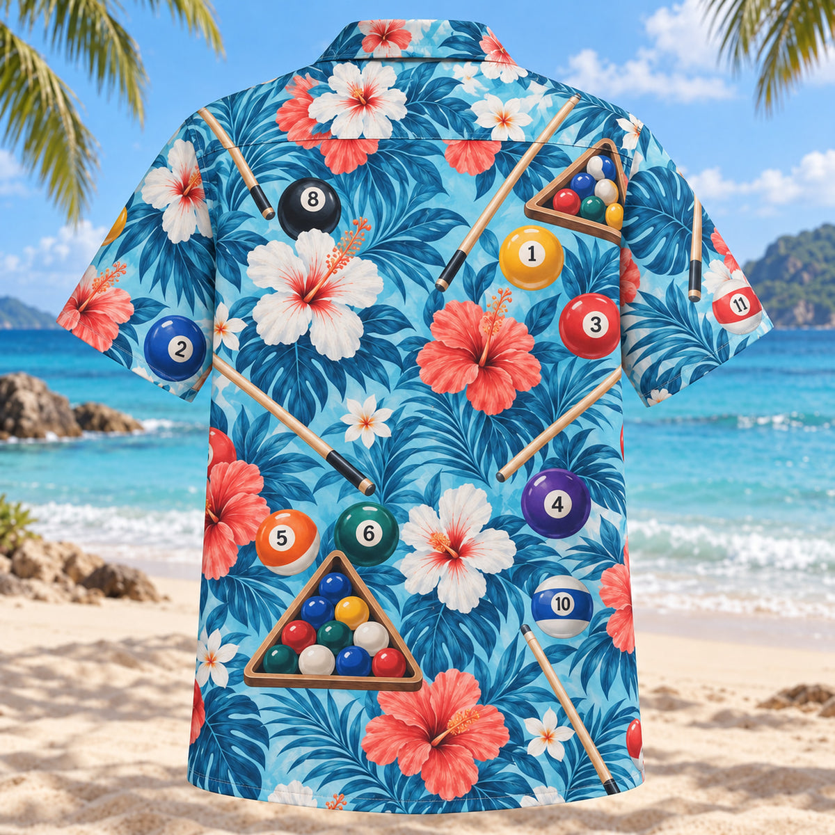 Back view of Hibiscus Billiards Hawaiian Shirt with matching billiards artwork in aqua blue, white, coral, navy