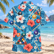 Back view of Hibiscus Billiards Hawaiian Shirt with matching billiards artwork in aqua blue, white, coral, navy