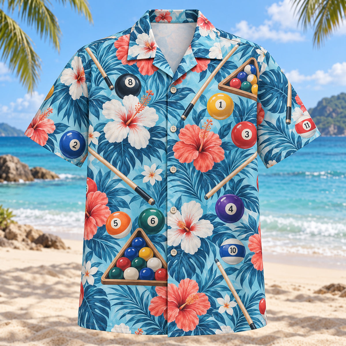 Front view of Hibiscus Billiards Hawaiian Shirt with original hibiscus blooms framing numbered pool balls, plain cue sticks and simple racking triangles