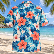 Back view of Hibiscus Bowling Hawaiian Shirt with matching bowling artwork in aqua blue, white, coral, navy