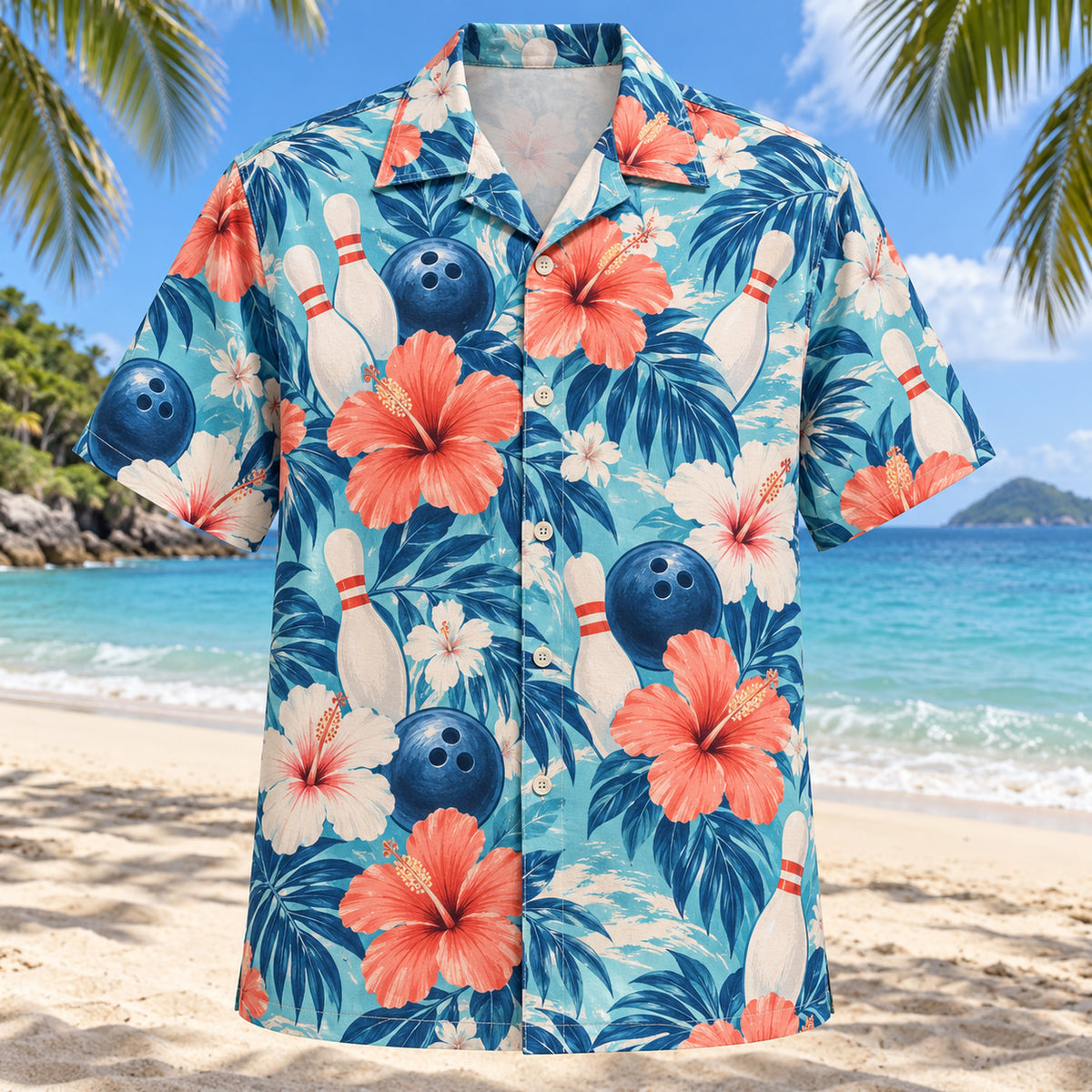 Front view of Hibiscus Bowling Hawaiian Shirt with original large hibiscus flowers framing ten-pins and three-hole bowling balls