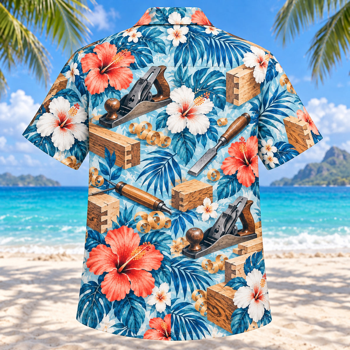 Back view of Hibiscus Carpenter Hawaiian Shirt with matching carpenter artwork in aqua blue, white, coral, navy