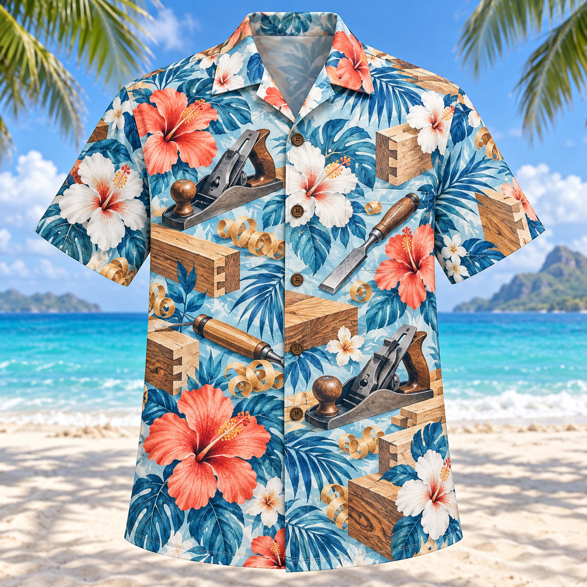 Front view of Hibiscus Carpenter Hawaiian Shirt with original hibiscus blooms framing vintage hand planes, chisels, wood joints, shavings and original wood grain