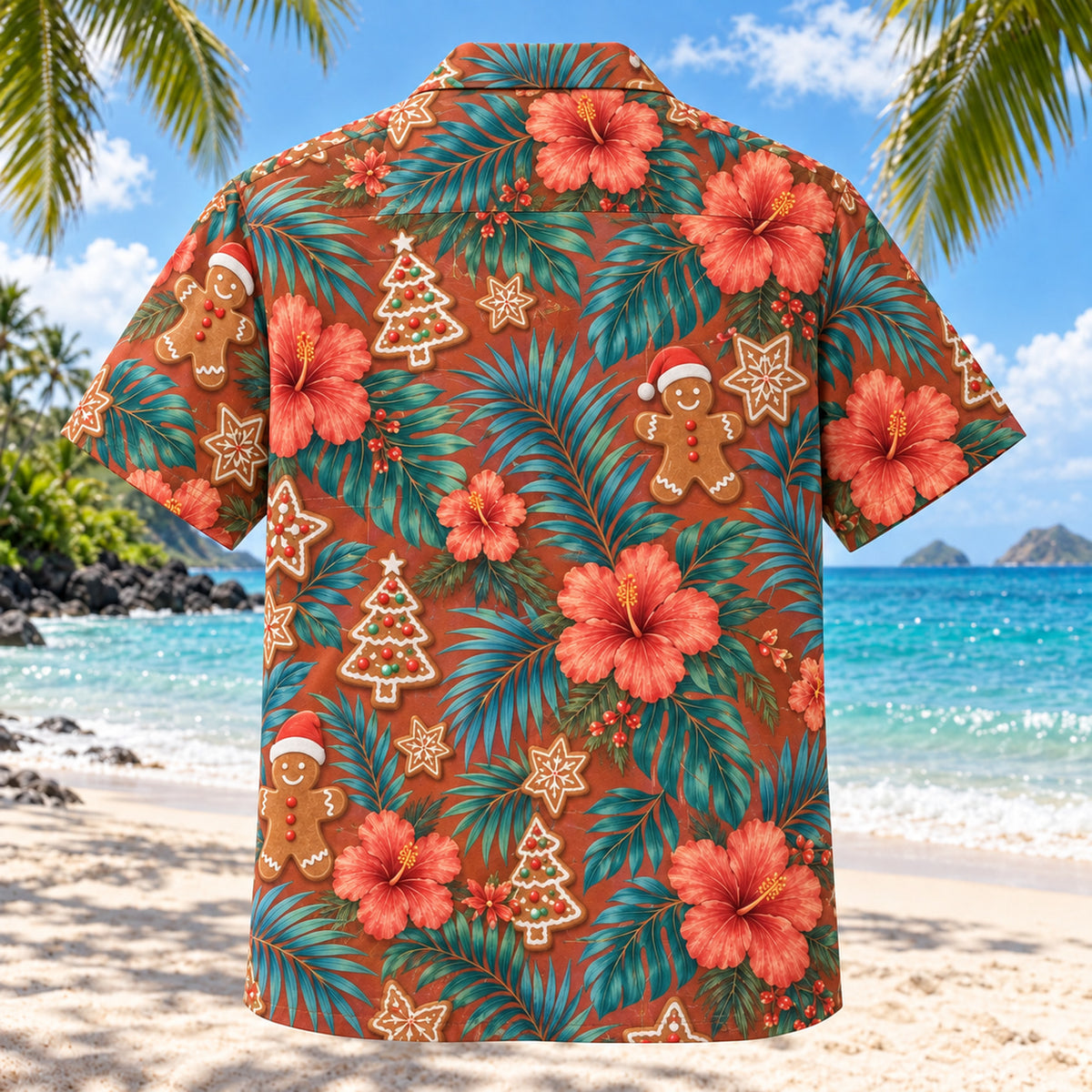 Back view of Hibiscus Cookie Tropical Christmas Hawaiian Shirt with matching artwork in cinnamon, coral, teal