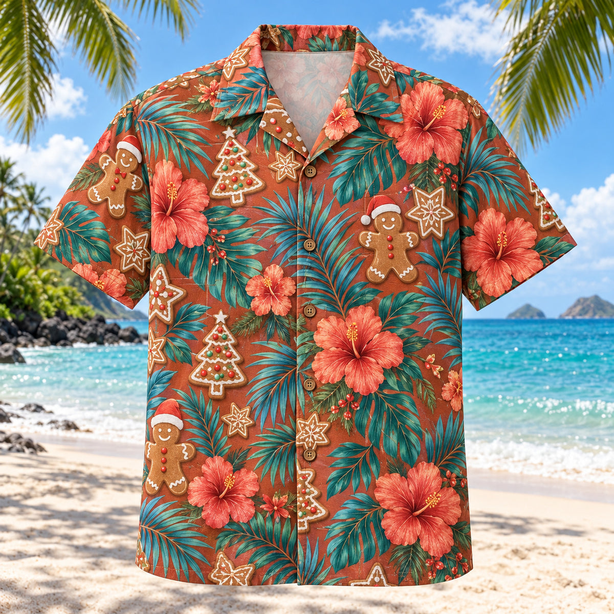 Front view of Hibiscus Cookie Tropical Christmas Hawaiian Shirt with gingerbread shapes, hibiscus flowers and airy leaves