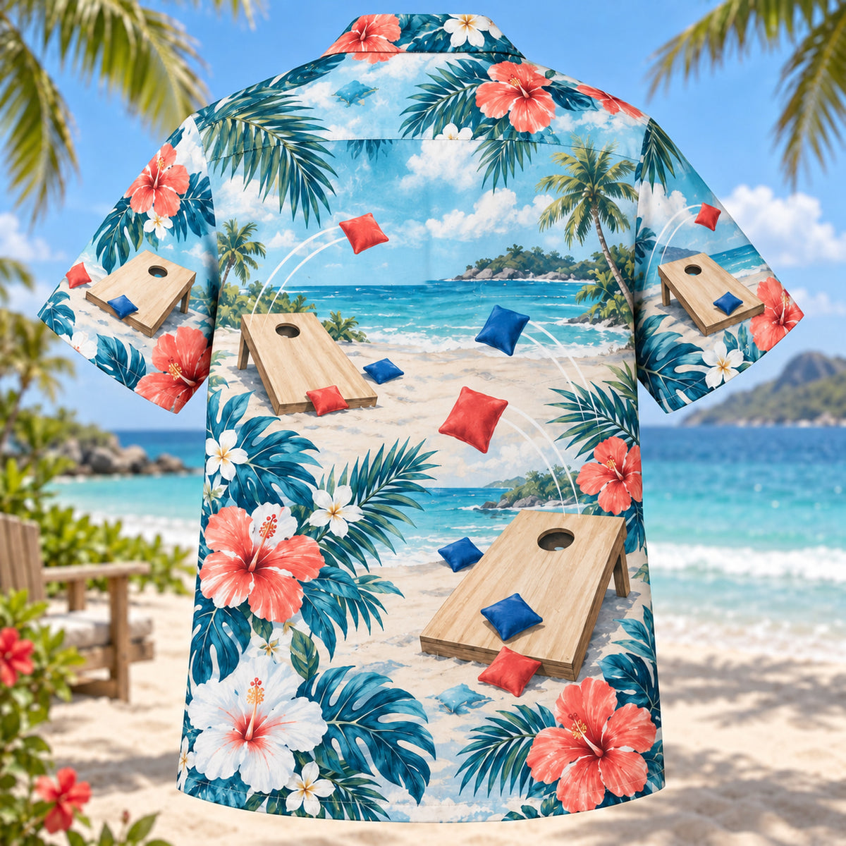 Back view of Hibiscus Cornhole Hawaiian Shirt with matching cornhole artwork in aqua blue, white, coral, navy