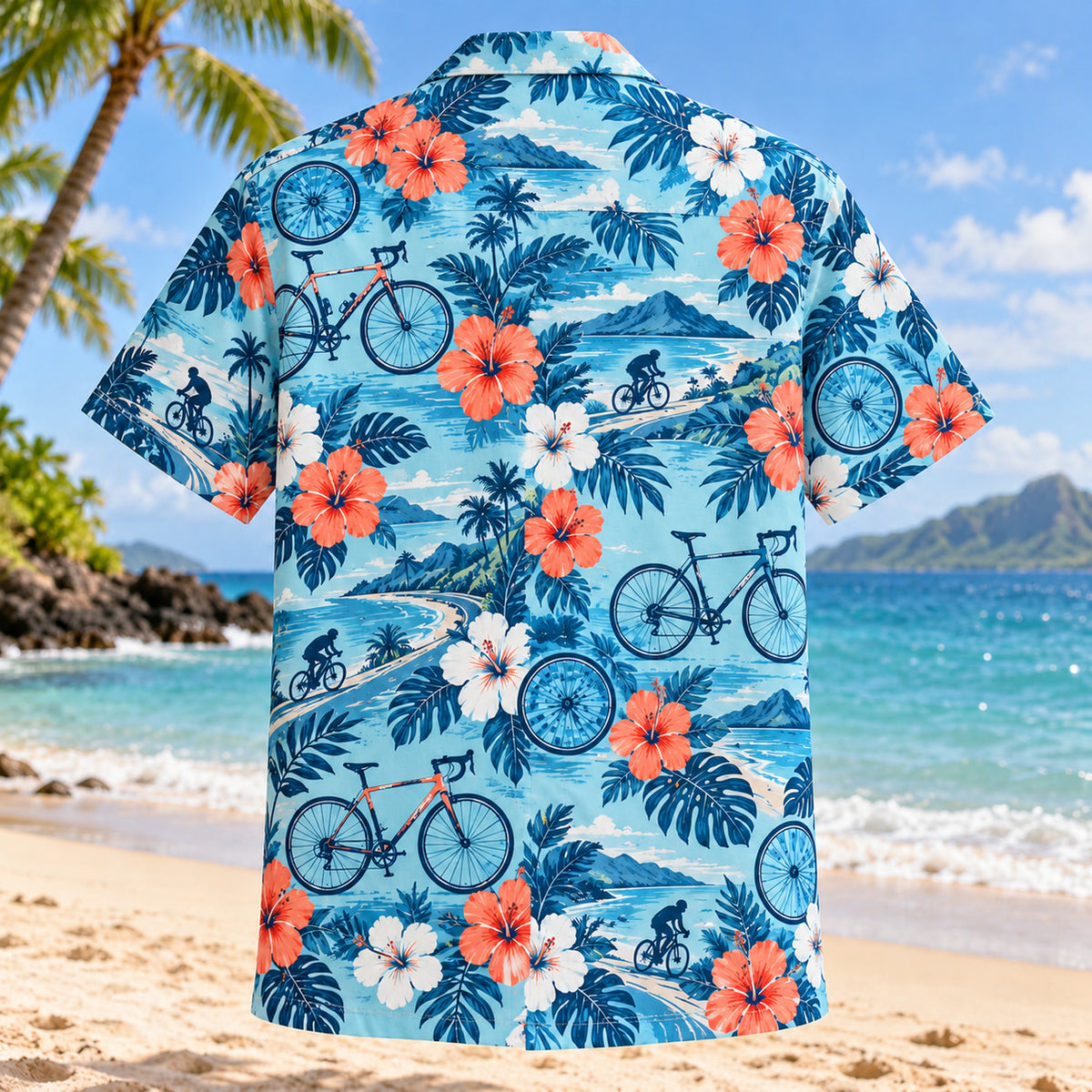 Back view of Hibiscus Cycling Hawaiian Shirt with matching cycling artwork in aqua blue, white, coral, navy