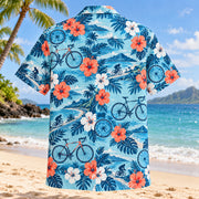 Back view of Hibiscus Cycling Hawaiian Shirt with matching cycling artwork in aqua blue, white, coral, navy