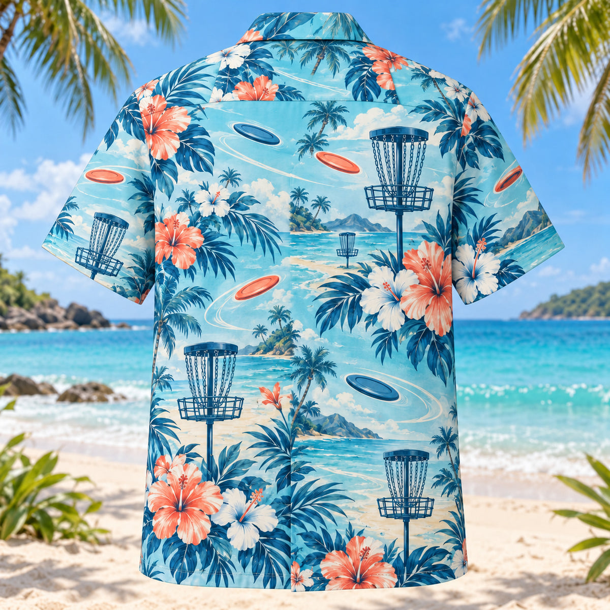 Back view of Hibiscus Disc Golf Hawaiian Shirt with matching disc golf artwork in aqua blue, white, coral, navy