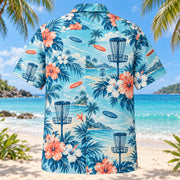 Back view of Hibiscus Disc Golf Hawaiian Shirt with matching disc golf artwork in aqua blue, white, coral, navy
