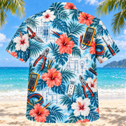 Back view of Hibiscus Electrician Hawaiian Shirt with matching electrician artwork in aqua blue, white, coral, navy