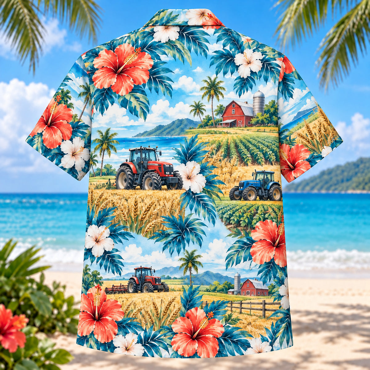Back view of Hibiscus Farmer and Tractor Hawaiian Shirt with matching farmer and tractor artwork in aqua blue, white, coral, navy