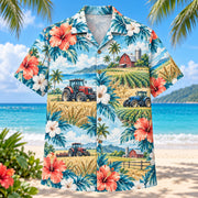 Front view of Hibiscus Farmer and Tractor Hawaiian Shirt with original hibiscus blooms framing generic tractors, fields, wheat, barns and crops