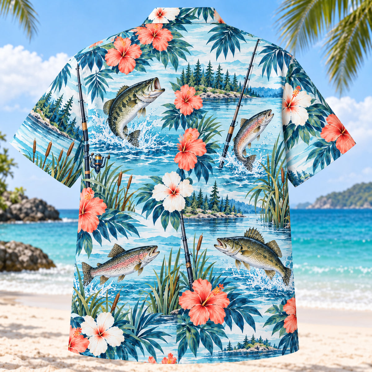 Back view of Hibiscus Freshwater Fishing Hawaiian Shirt with matching freshwater fishing artwork in aqua blue, white, coral, navy